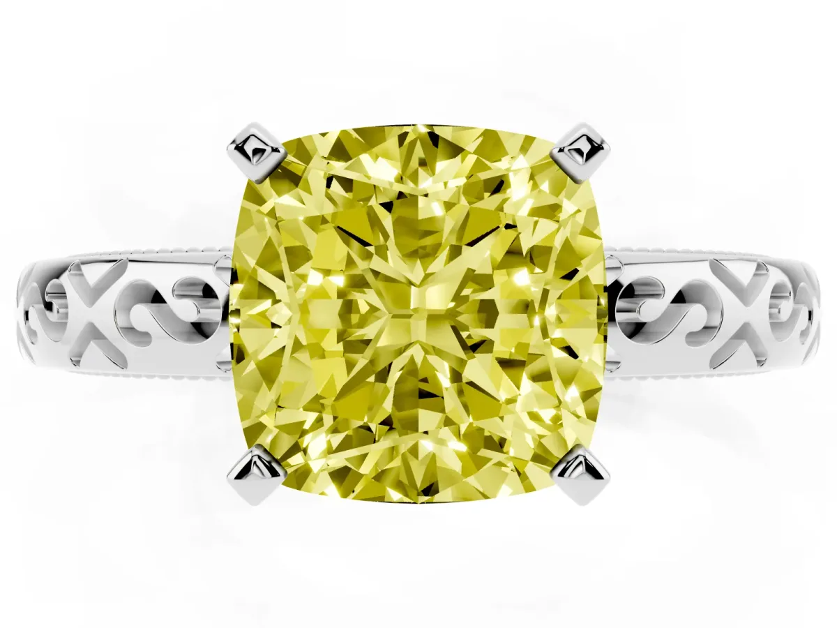 Fancy Yellow Cushion Cut Solitaire Engagement Ring with Scrollwork Band and Four-Prong Setting White gold