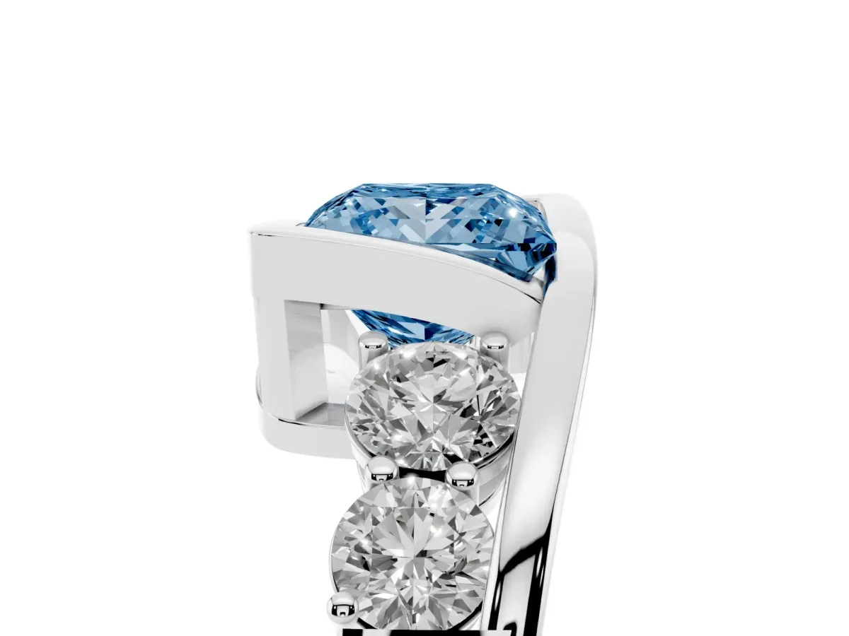 Fancy Blue Bezel Set Princess Cut Diamond Bypass Ring with Round Accents Platinum