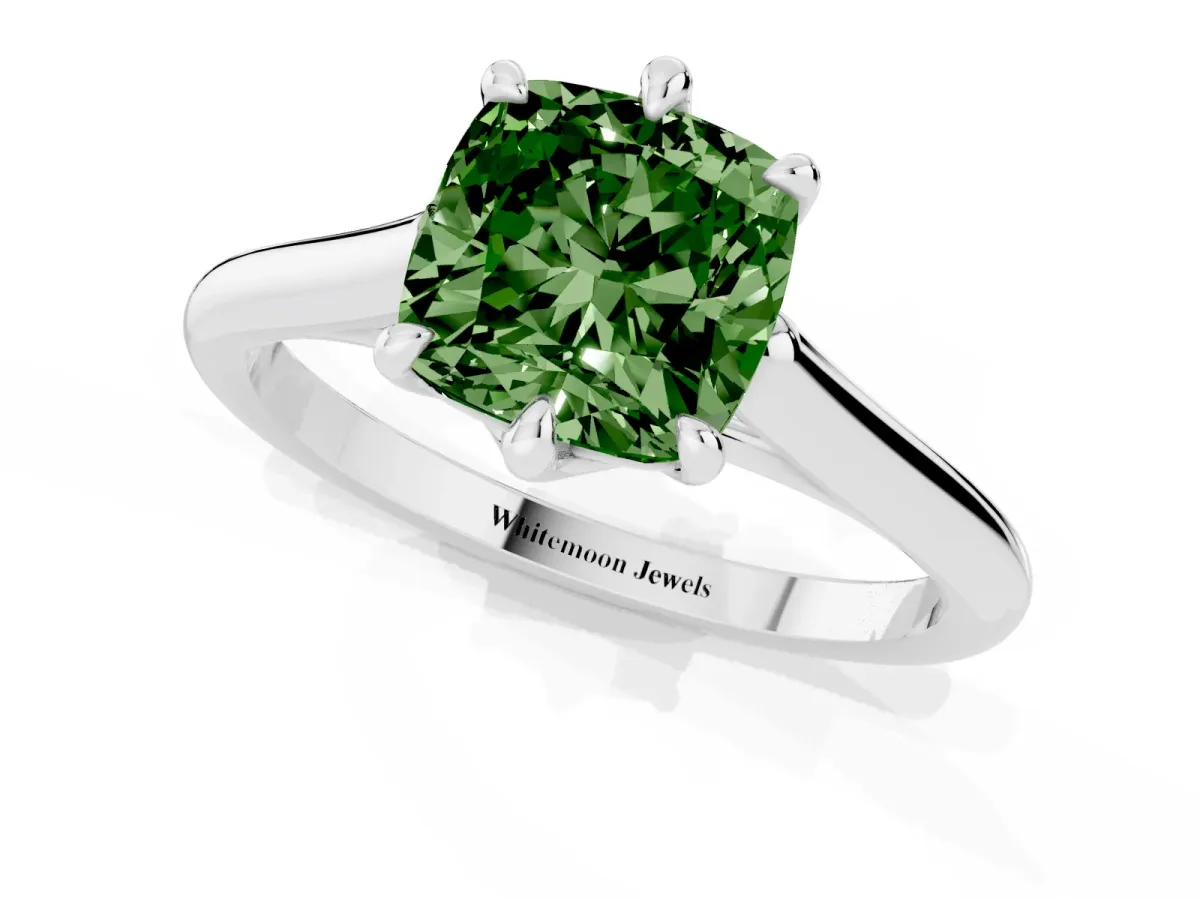 Fancy Green Cushion Cut Solitaire Engagement Ring with Six-Prong Setting and Classic Band Platinum