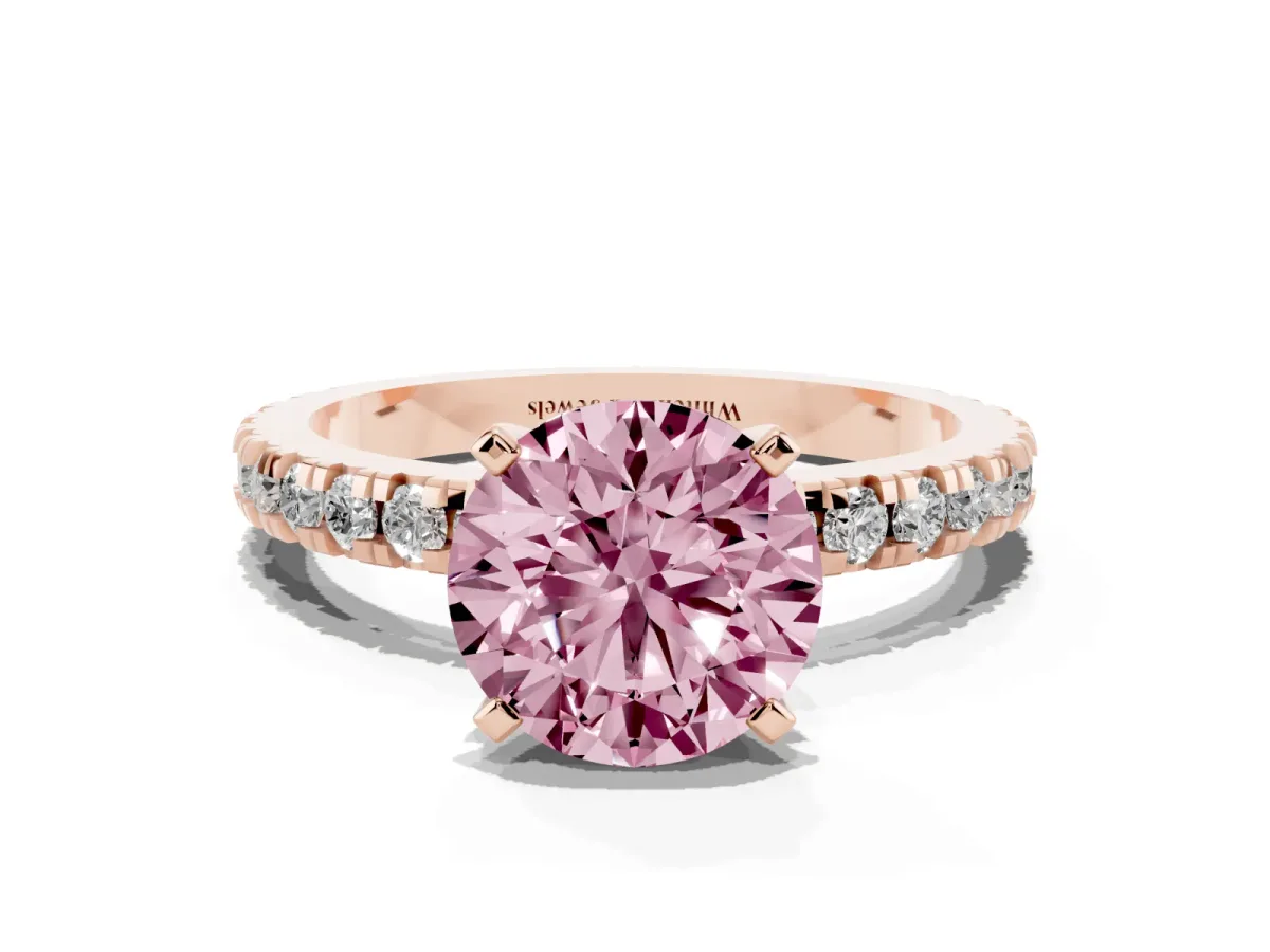 Fancy Pink Round Cut Diamond Pavé Band Solitaire with Four-Prong Setting Rose gold