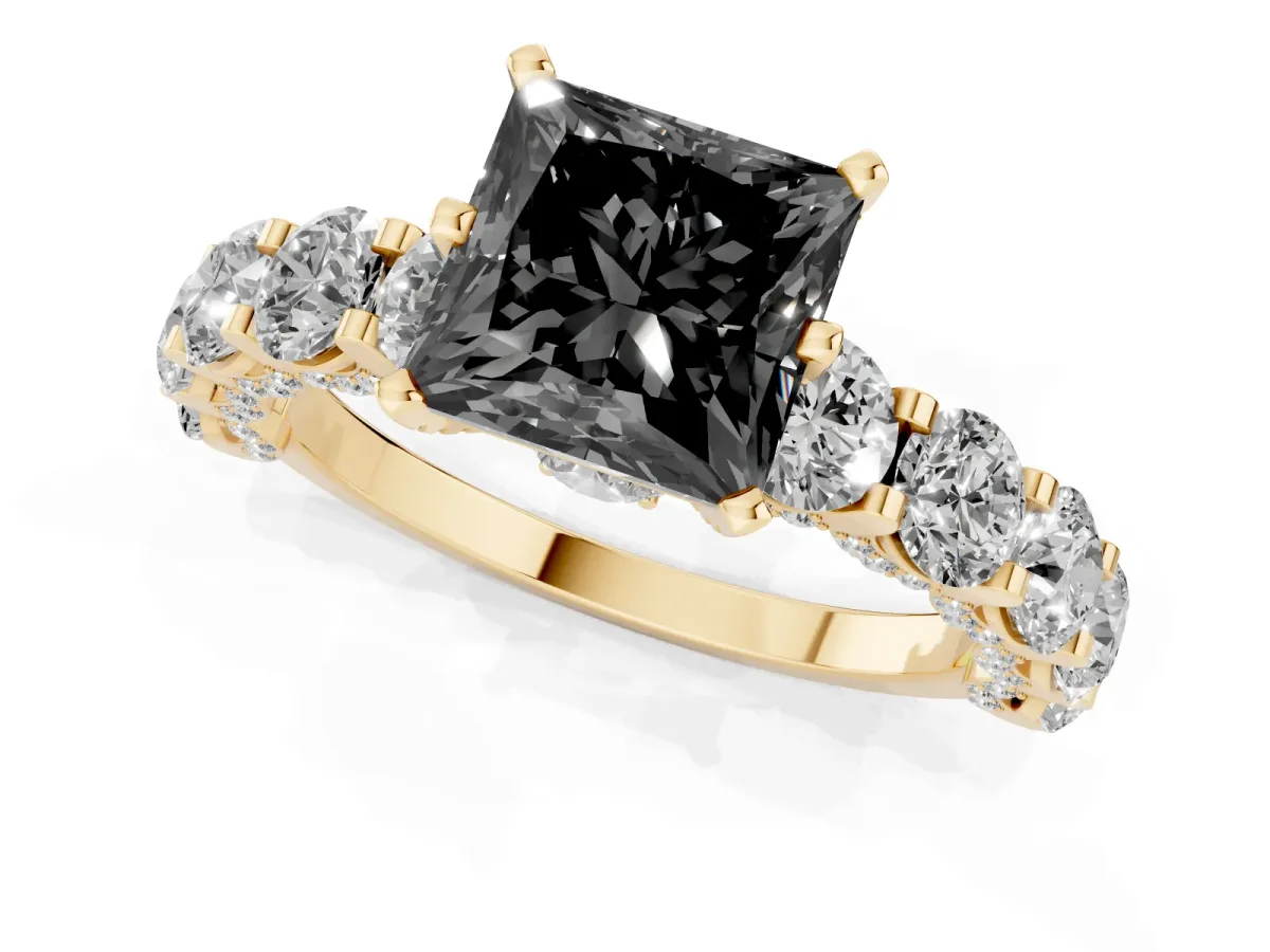 Fancy Black Princess Cut Diamond Side Stone Engagement Ring with Four-Prong Setting Yellow gold