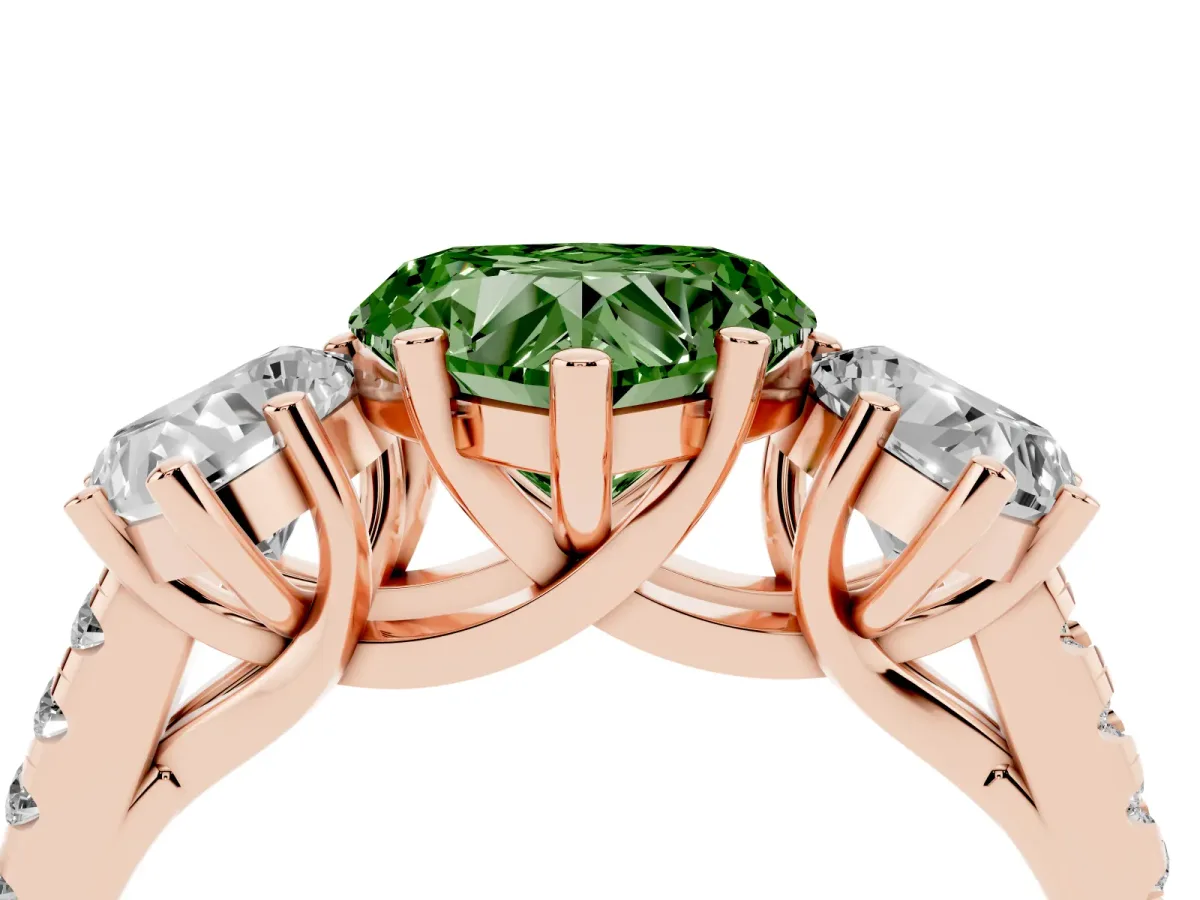 Fancy Green Three-Stone Heart Cut Diamond Ring with Round Pavé Band and Prong Setting Rose gold