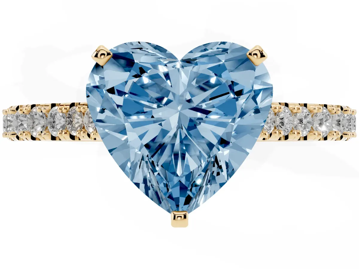 Fancy Blue Heart Cut Cut Solitaire Diamond Engagement Ring with Pave Band and Four-Prong Setting Yellow gold