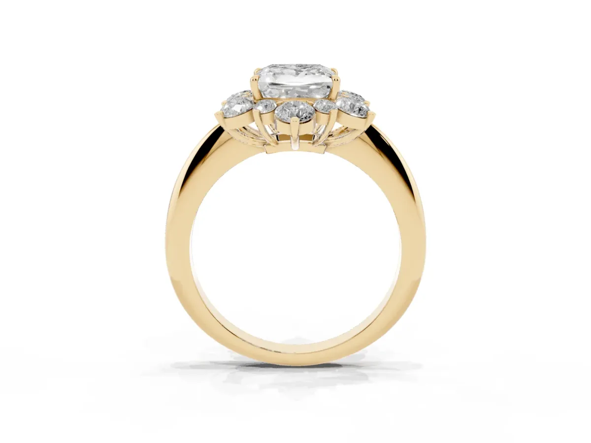 Princess Cut Diamond Cluster Halo Ring with Solitaire Band and Four-Prong Setting Yellow gold