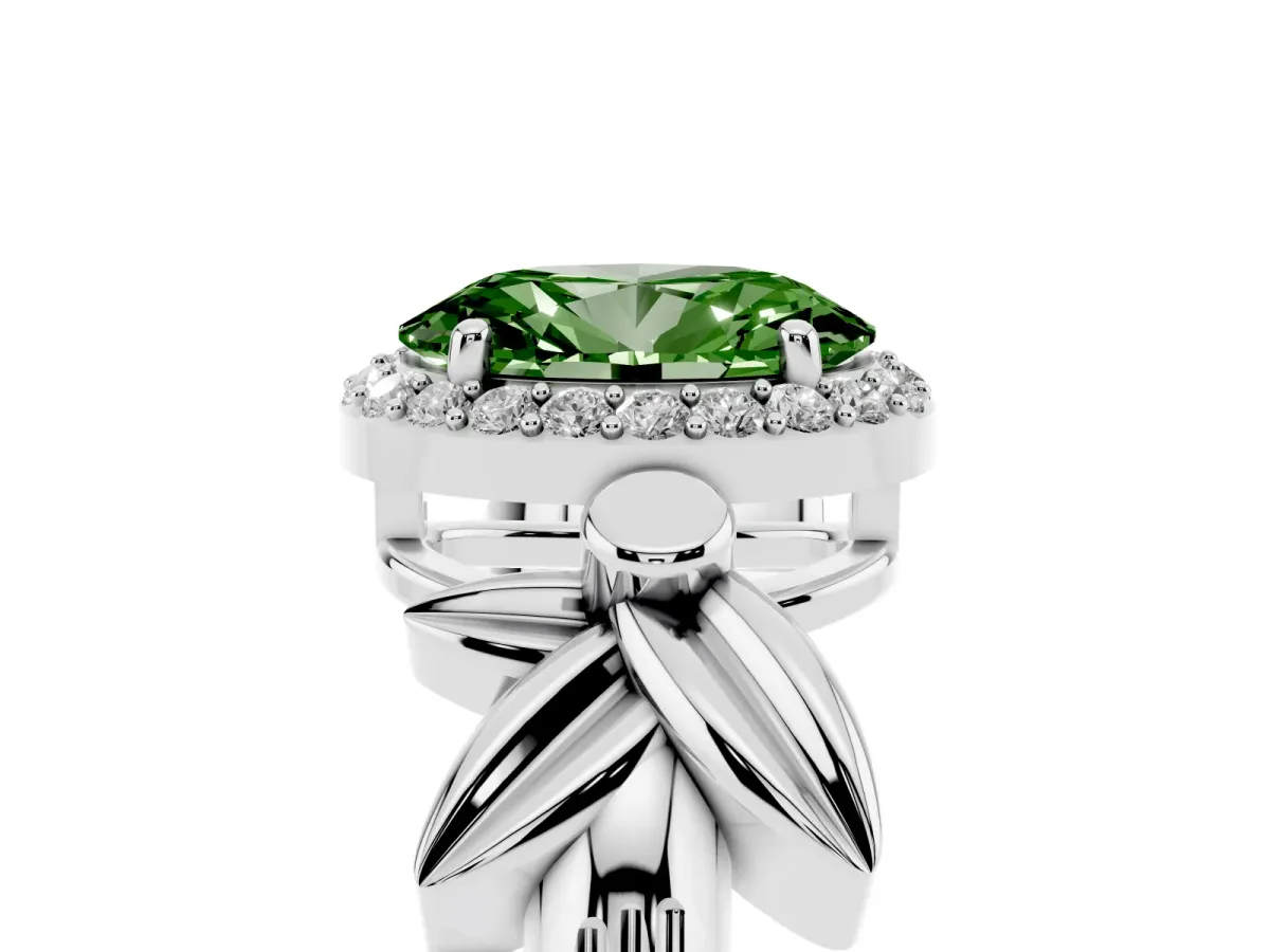 Fancy Green Oval Cut Halo Diamond Floral Band with Four-Prong Setting White gold