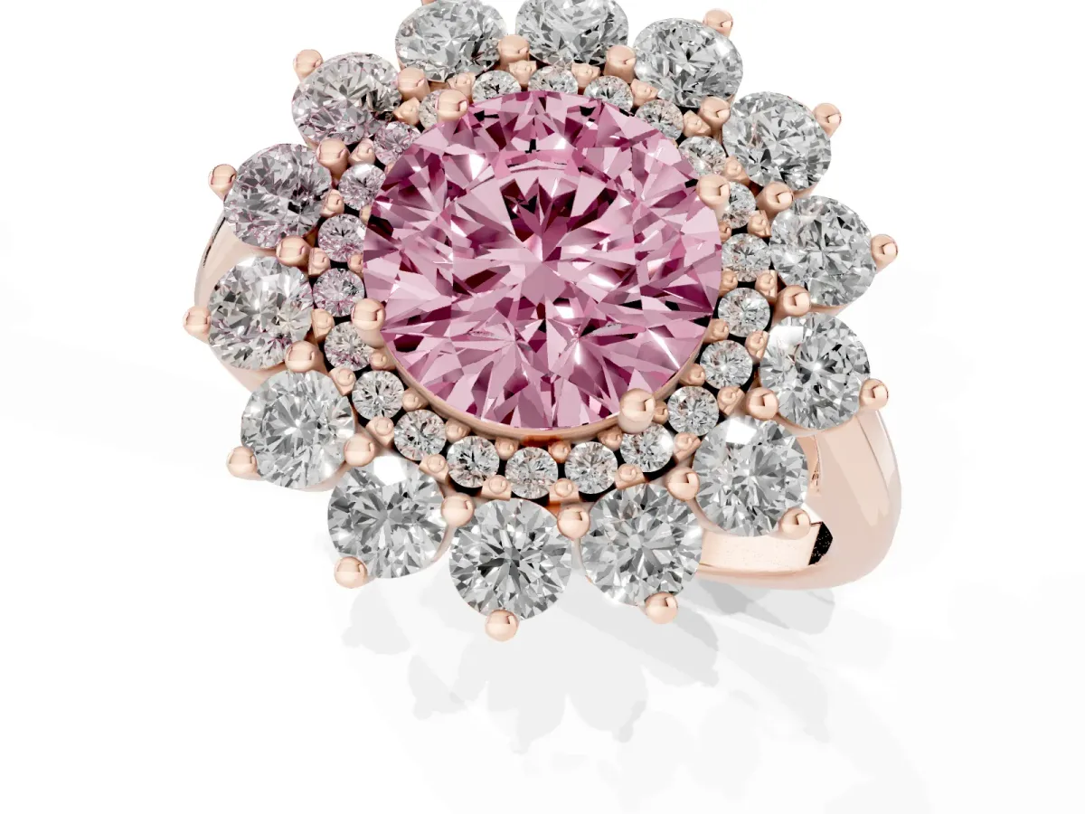Fancy Pink Round Cut Diamond Floral Double Halo Engagement Ring with Prong Setting Rose gold