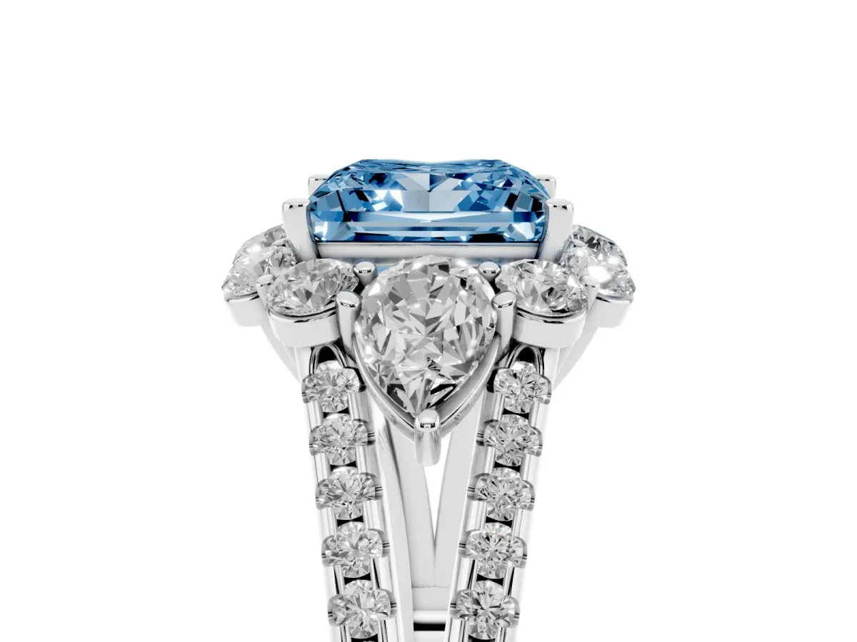 Fancy Blue Princess Cut Halo Split Shank Diamond Engagement Ring with Prong Setting Silver