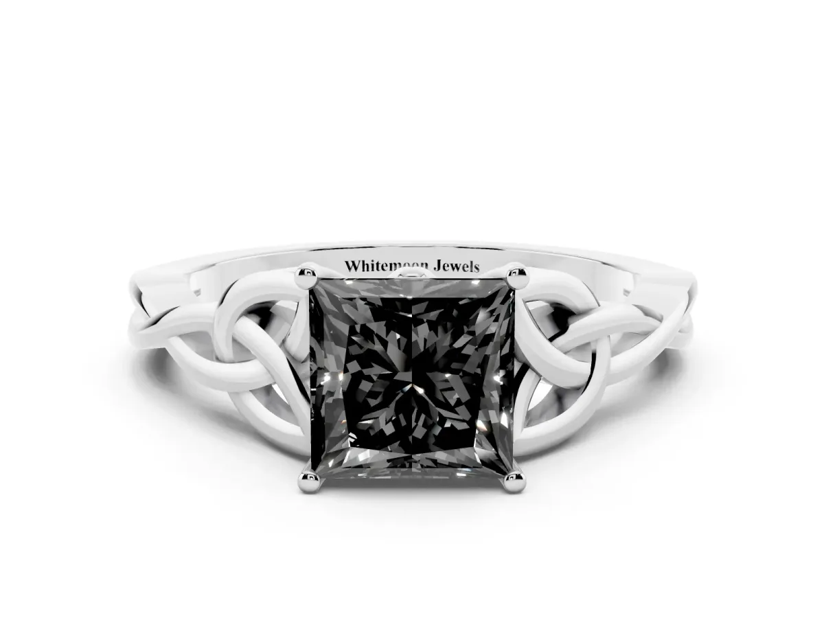 Fancy Black Princess Cut Diamond Solitaire Engagement Ring with Celtic Knot Band and Four-Prong Setting Platinum