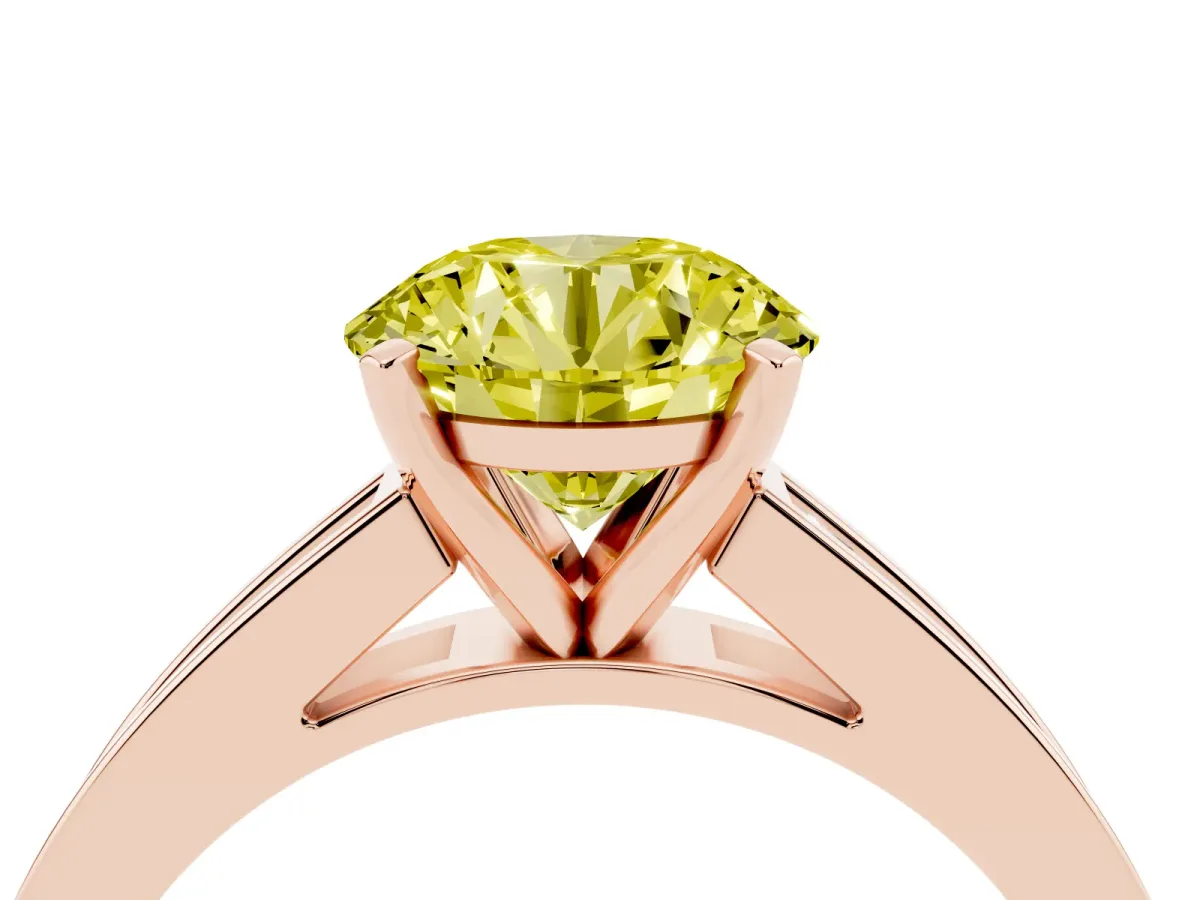 Fancy Yellow Round Cut Solitaire Diamond Ring with Channel-Set Band and Four-Prong Setting Rose gold