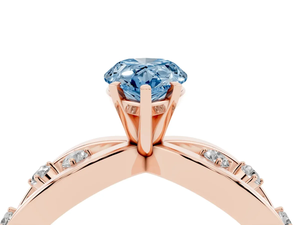 Fancy Blue Pear Cut Cut Solitaire Diamond with Side Stones on Criss-Cross Band and Four-Prong Setting Rose gold