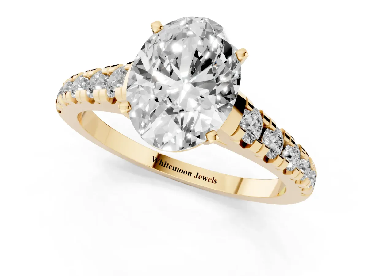 Oval Cut Diamond Cathedral Solitaire Ring with Round Pavé Band Yellow gold