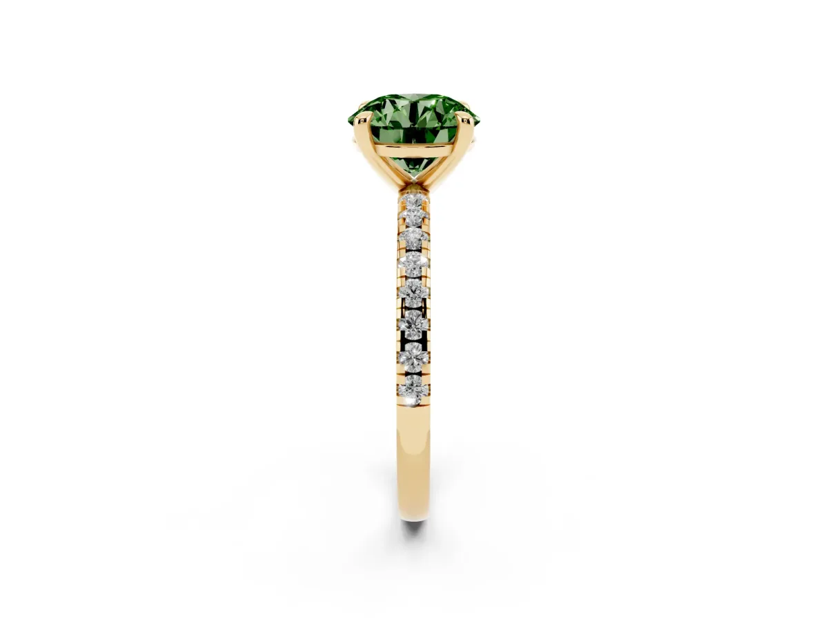 Fancy Green Round Cut Diamond Brilliant Solitaire Ring with Pavé Band and Four-Prong Setting Yellow gold