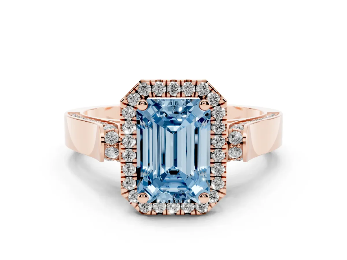 Fancy Blue Emerald Cut Halo Pave Split Shank Prong Setting Ring Rose gold