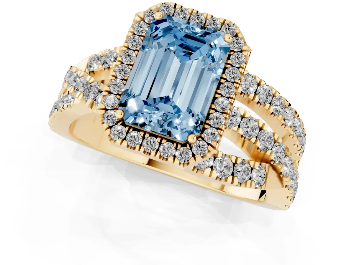 Fancy Blue Emerald Cut Diamond Halo Ring with Round Split Shank and Prong Setting Yellow gold