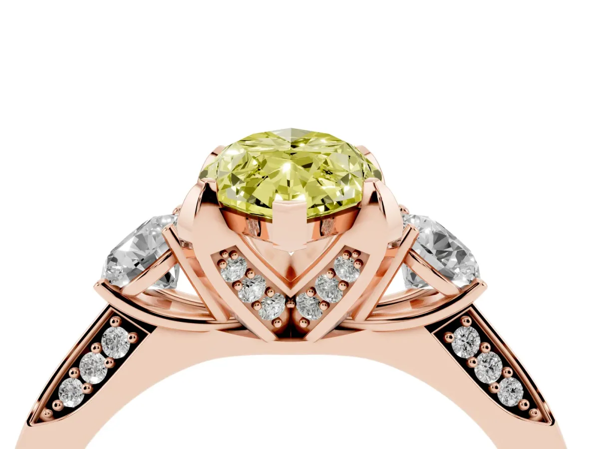 Fancy Yellow Marquise Cut Brilliant Three-Stone Diamond Ring with Pavé Band and Four-Prong Setting Rose gold