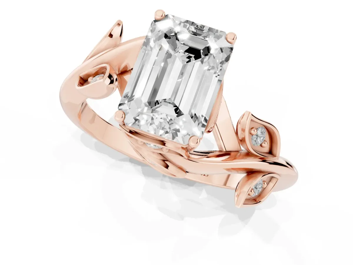 Emerald Cut Solitaire Twist Engagement Ring with Leaf Accents and Prong Setting Rose gold