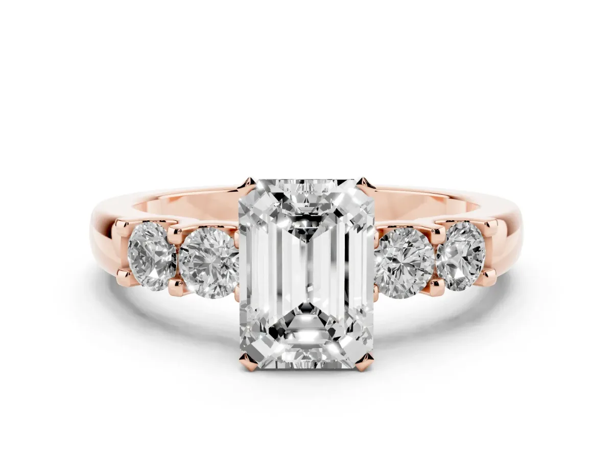 Emerald Cut Brilliant Cut Diamond Five-Stone Prong Set Engagement Ring with Channel Band Rose gold