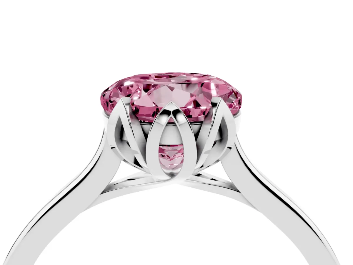 Fancy Pink Round Cut Diamond Solitaire Ring with Flower Prong Setting and Classic Band Silver