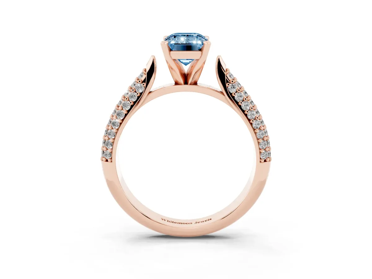 Fancy Blue Emerald Cut Diamond Solitaire Engagement Ring with Multi-Row Round Pavé Band and Prong Setting Rose gold