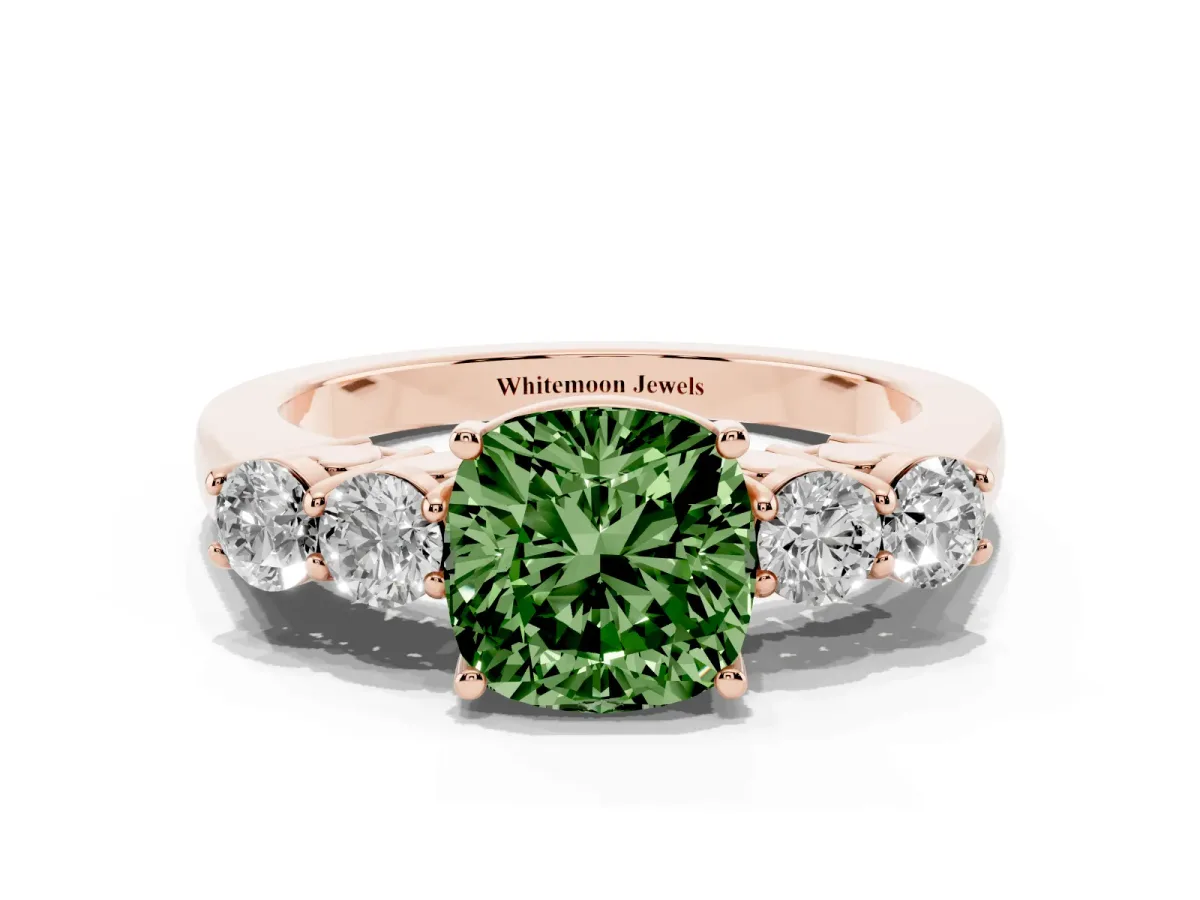 Fancy Green Cushion Cut Cut Diamond Five-Stone Prong Set White Gold Ring Rose gold