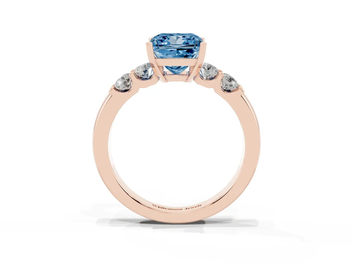 Fancy Blue Princess Cut Brilliant Cut Diamond Five-Stone Prong Set Engagement Ring with Channel Band Rose gold