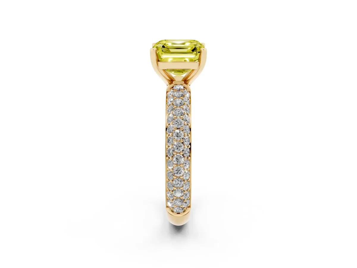 Fancy Yellow Asscher Cut Diamond Solitaire Ring with Prong Setting and Pavé Band Yellow gold
