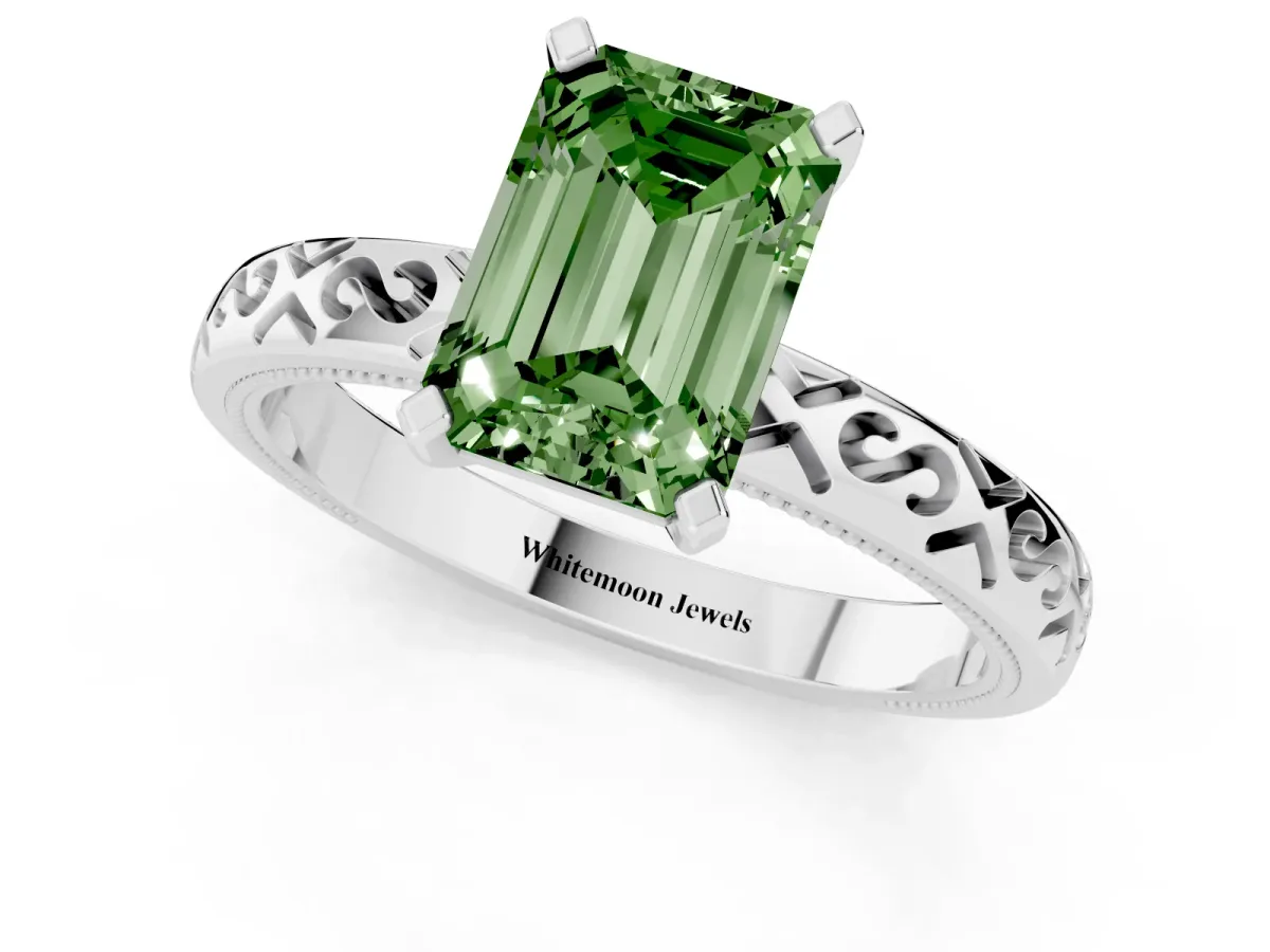 Fancy Green Emerald Cut Solitaire Engagement Ring with Scrollwork Band and Four-Prong Setting Platinum