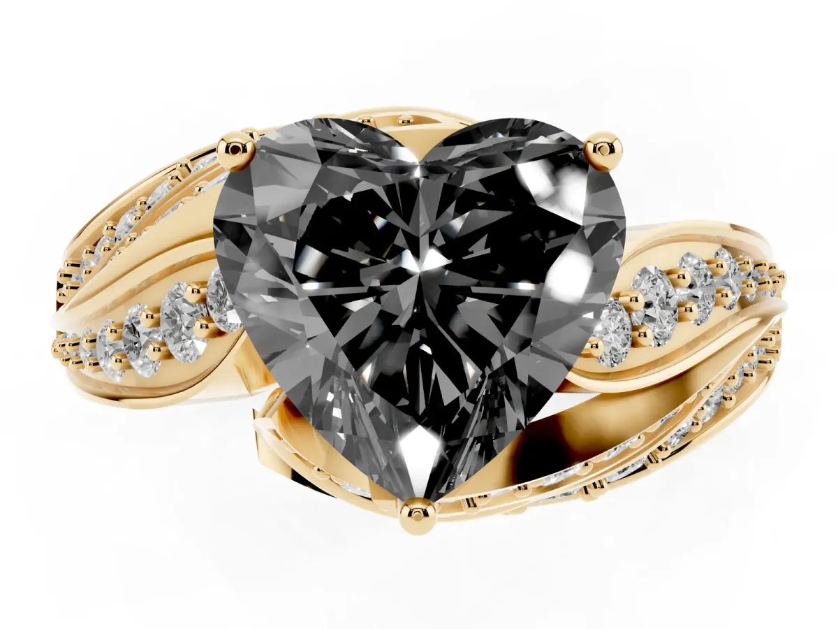 Fancy Black Heart Cut Diamond Solitaire Ring with Prong Setting and Twisted Pavé Band Yellow gold