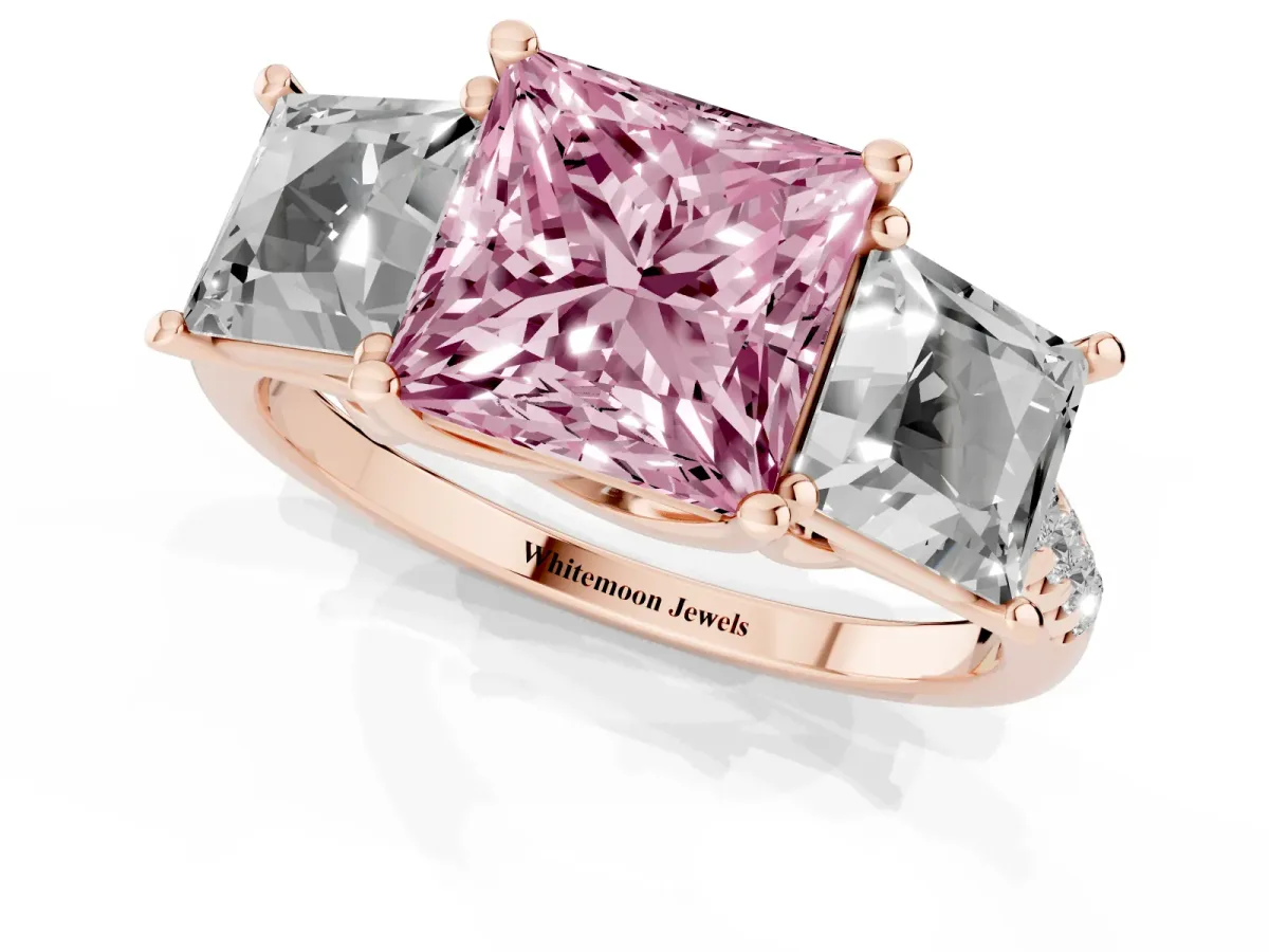 Fancy Pink Three-Stone Princess Cut Diamond Ring with Round Pavé Band and Prong Setting Rose gold