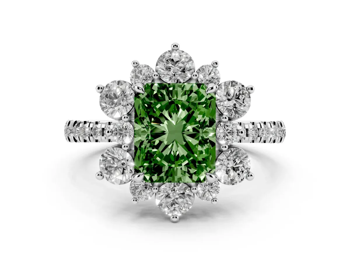 Fancy Green Radiant Cut Diamond Floral Halo Ring with Round Pavé Band and Prong Setting Silver