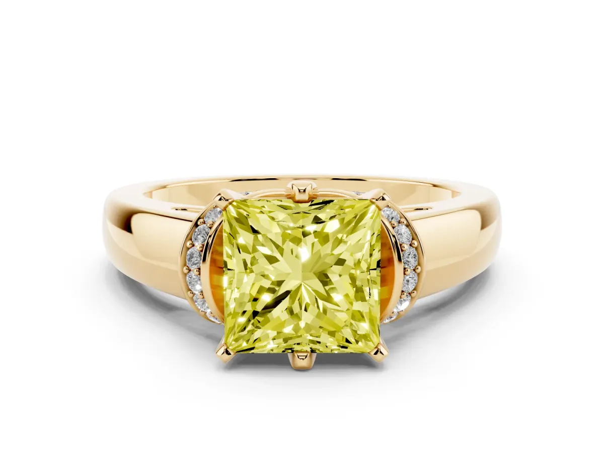 Fancy Yellow Princess Cut Solitaire Diamond Ring with Pave Band and Six-Prong Setting Yellow gold