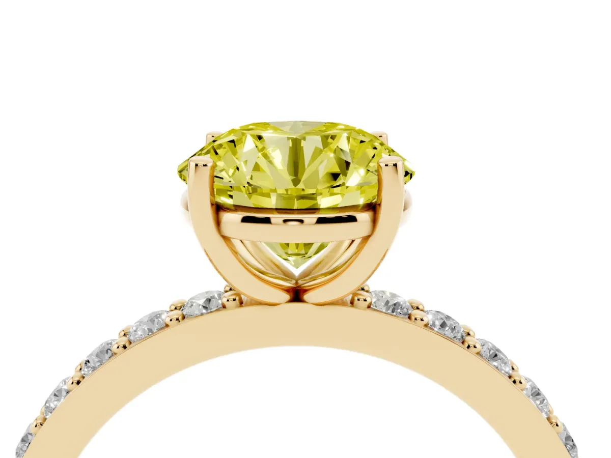 Fancy Yellow Round Cut Cut Diamond Solitaire with Pave Band and Four-Prong Setting Yellow gold