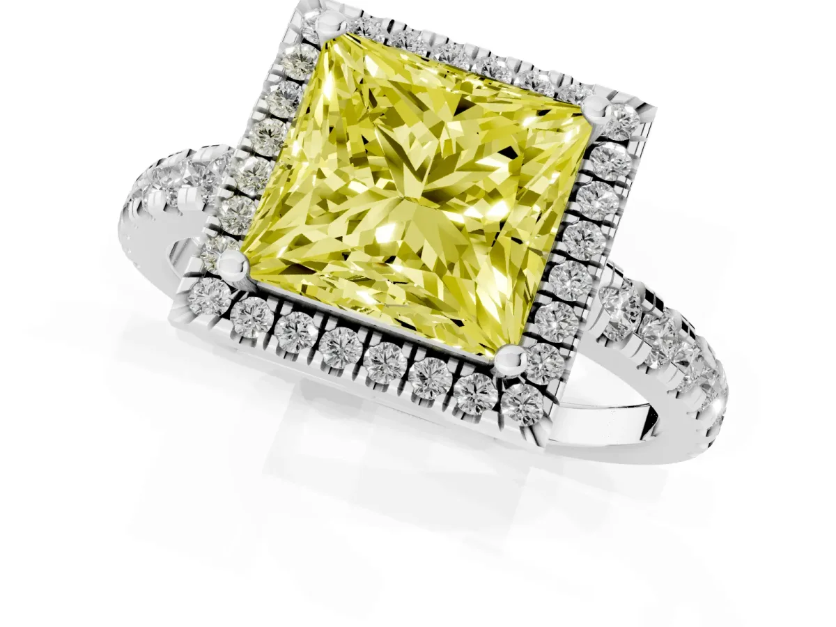 Fancy Yellow Princess Cut Diamond Halo Ring with Pavé Band and Four-Prong Setting Platinum