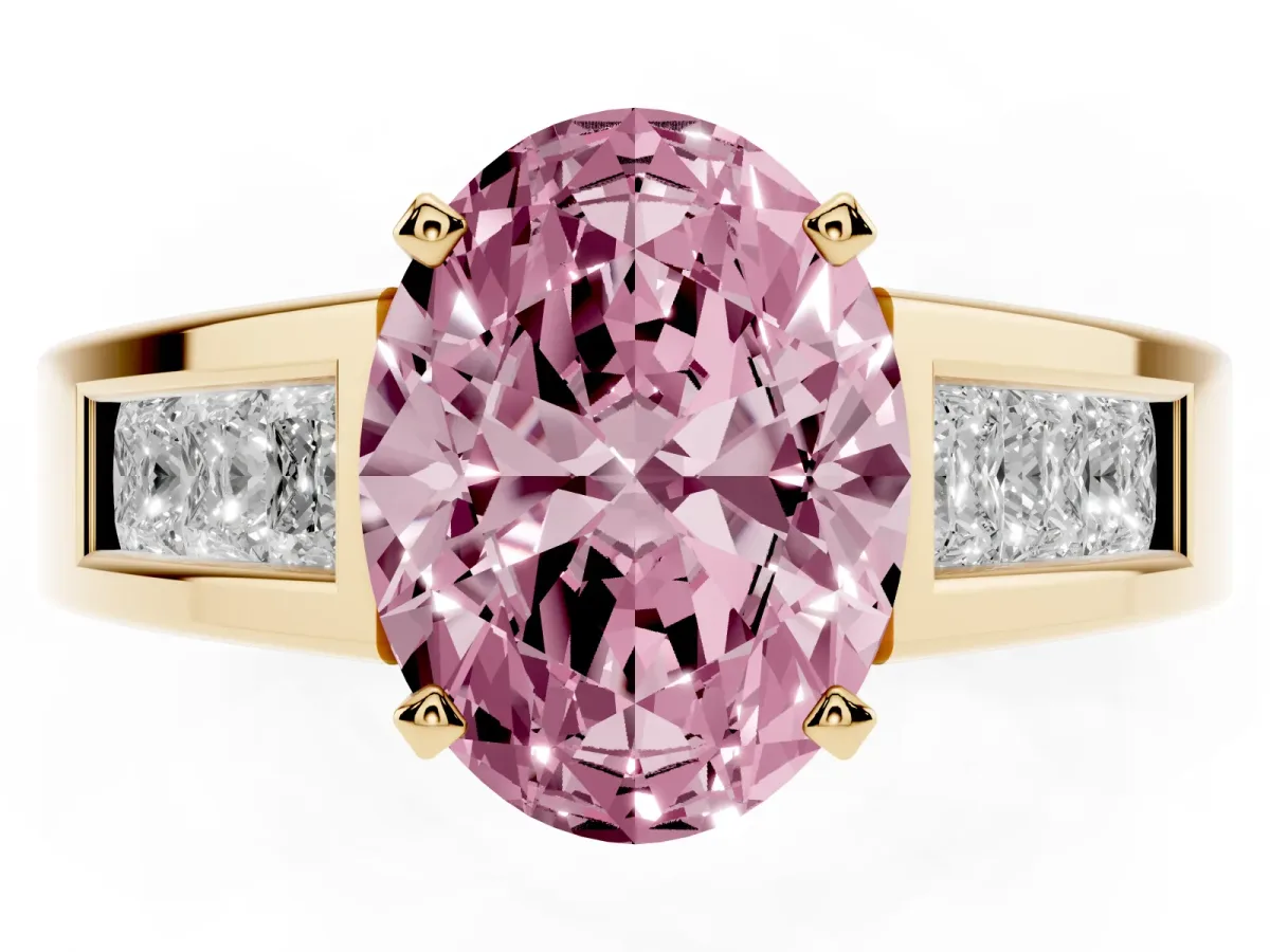 Fancy Pink Oval Cut Cut Channel Set Solitaire Ring with Four-Prong Setting Yellow gold