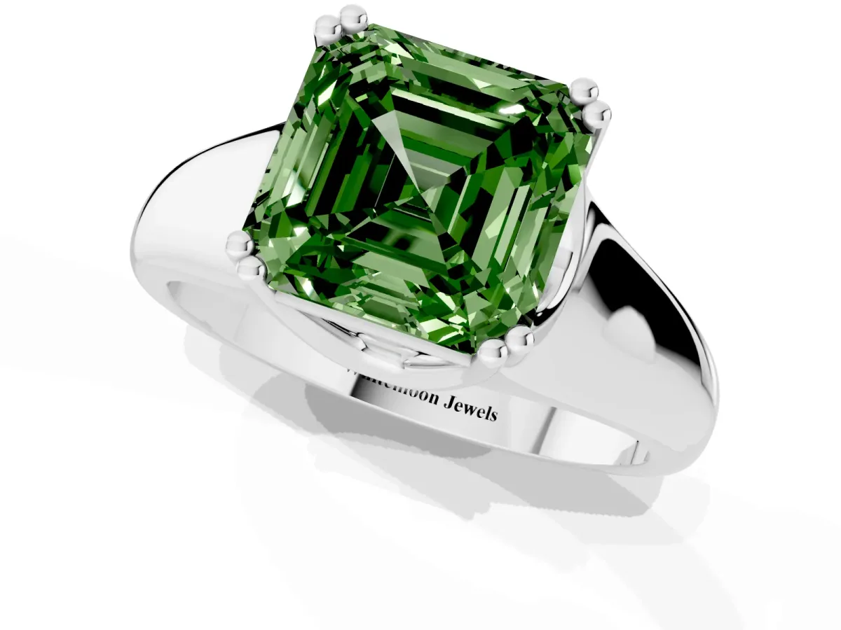 Fancy Green Asscher Cut Diamond Solitaire Ring with Wide Band and Prong Setting Silver