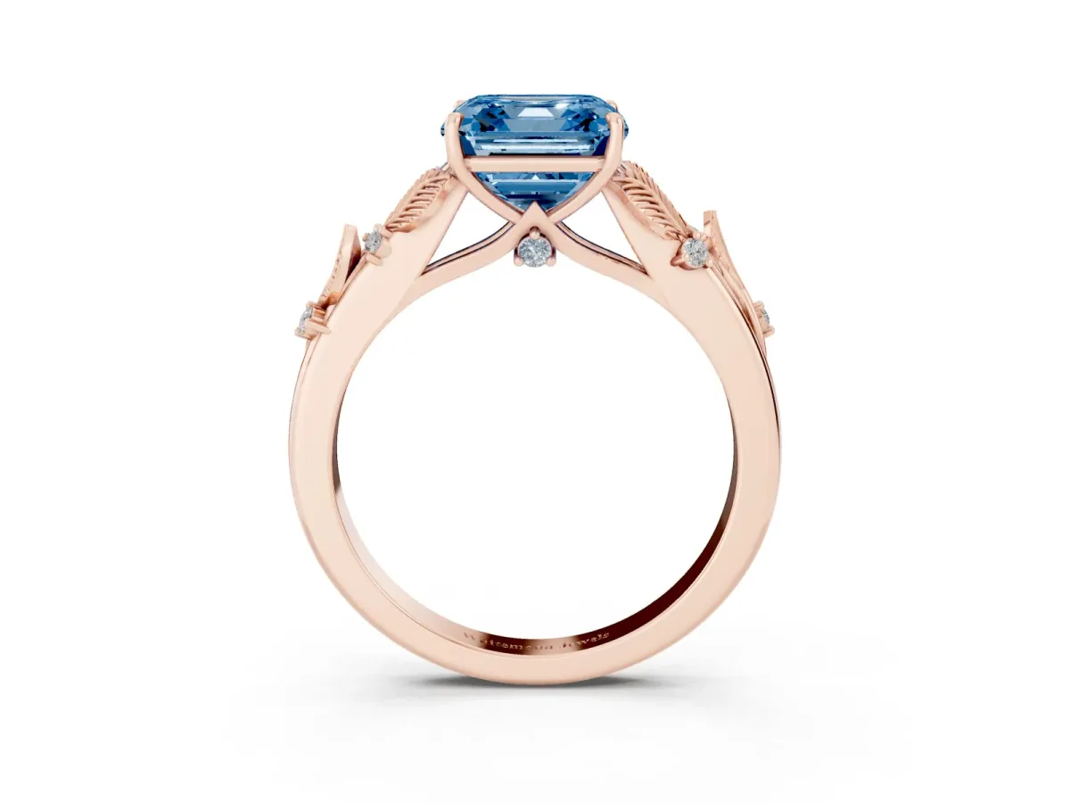 Fancy Blue Asscher Cut Diamond Solitaire Ring with Leaf Motif Band and Four-Prong Setting Rose gold