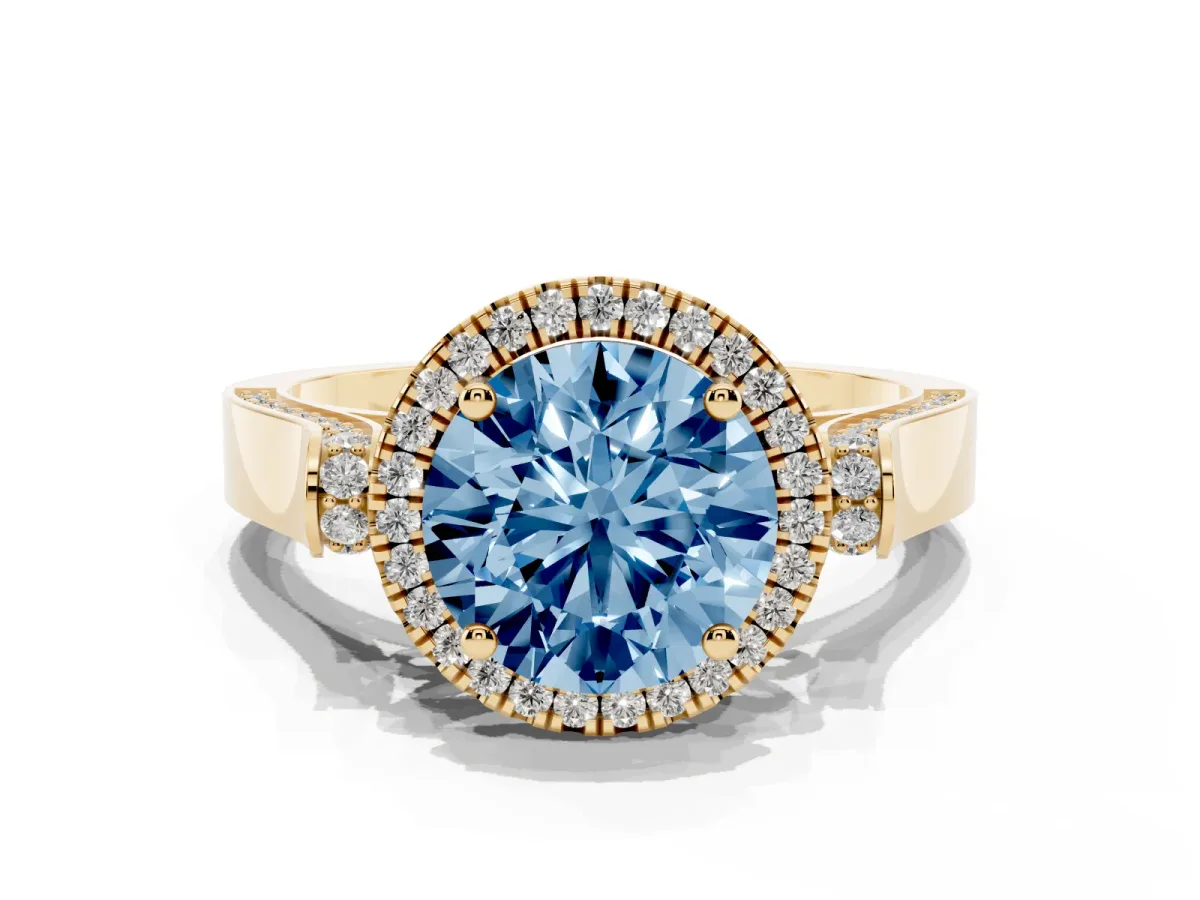 Fancy Blue Round Cut Halo Pave Split Shank Prong Setting Ring Yellow gold