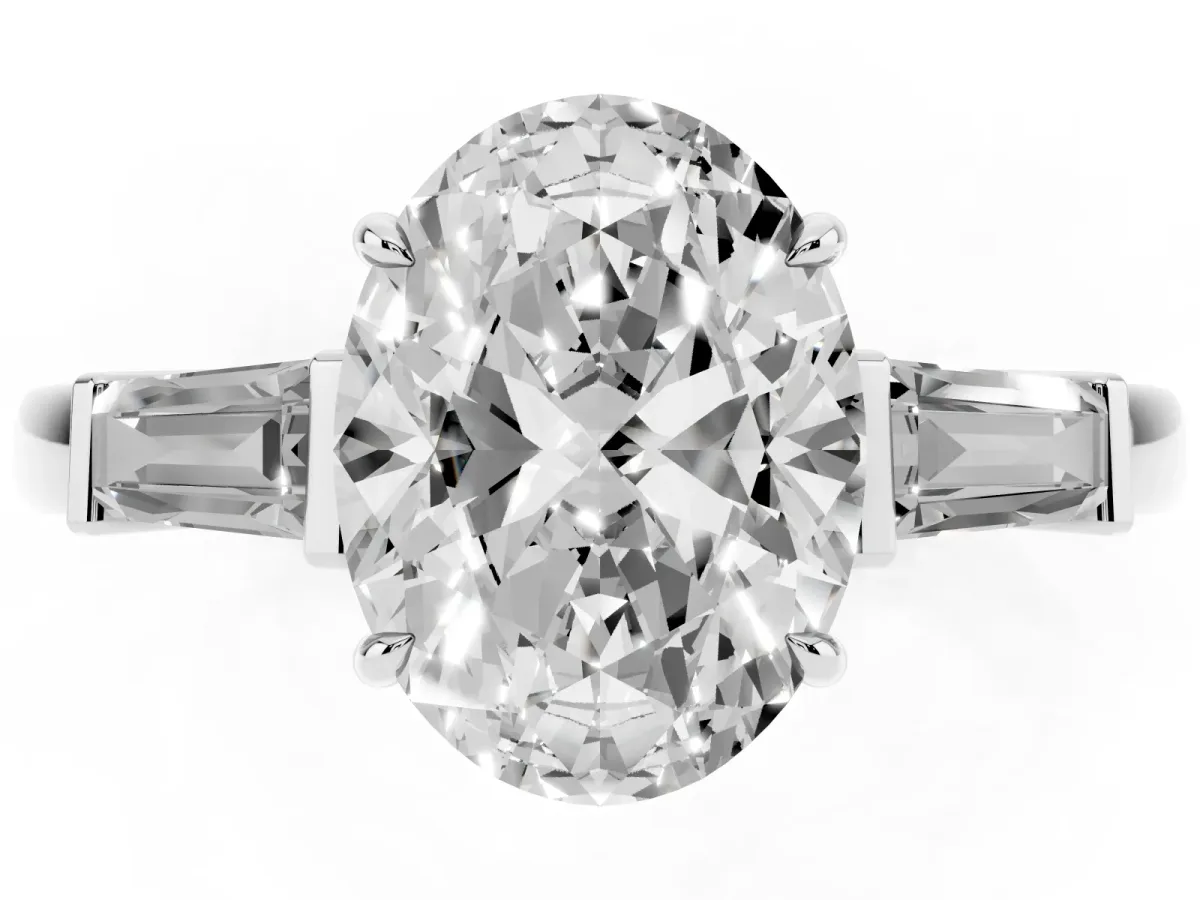 Oval Cut Diamond Three-Stone Ring with Tapered Baguette Side Stones and Prong Setting Silver