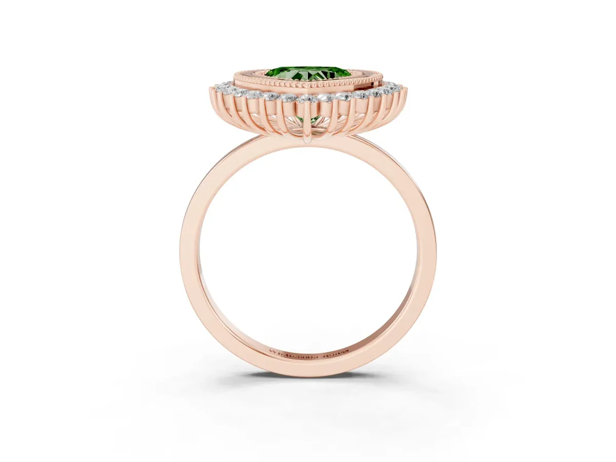 Fancy Green Heart Cut Halo Diamond Ring with Milgrain Edge and Round Prong Setting Rose gold