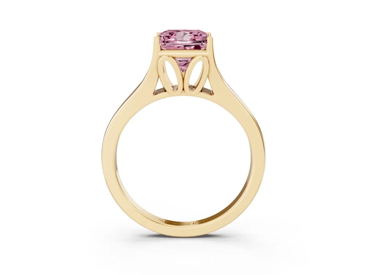 Fancy Pink Princess Cut Solitaire Diamond Ring with Cathedral Band and Four-Prong Setting Yellow gold