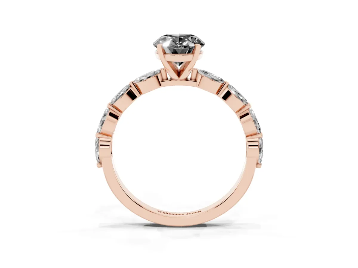 Fancy Black Oval Cut Diamond Ring with Marquise Side Stones and Prong Setting Rose gold