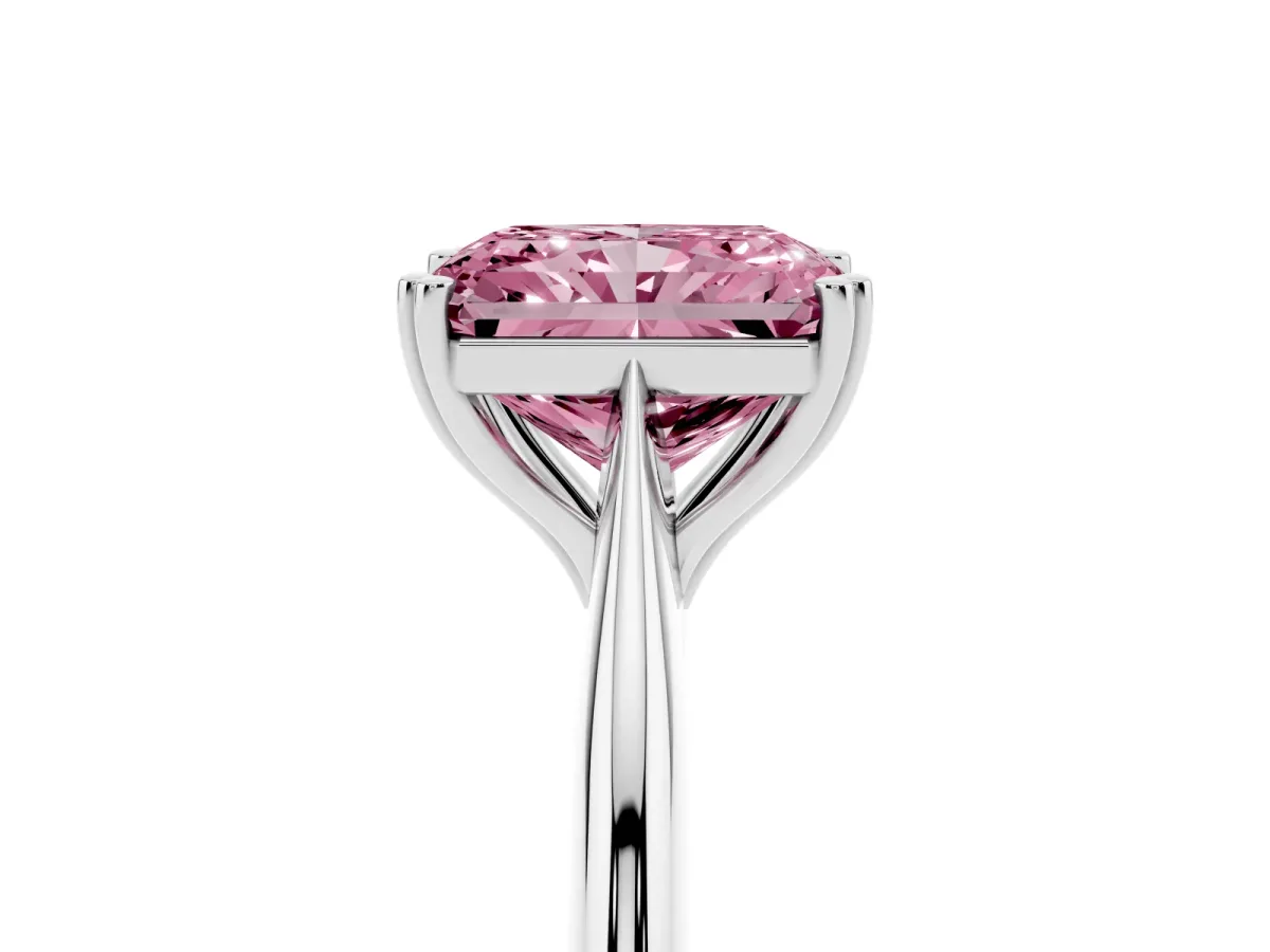Fancy Pink Radiant Cut Solitaire Diamond Ring with Six-Prong Setting and Classic Band Silver