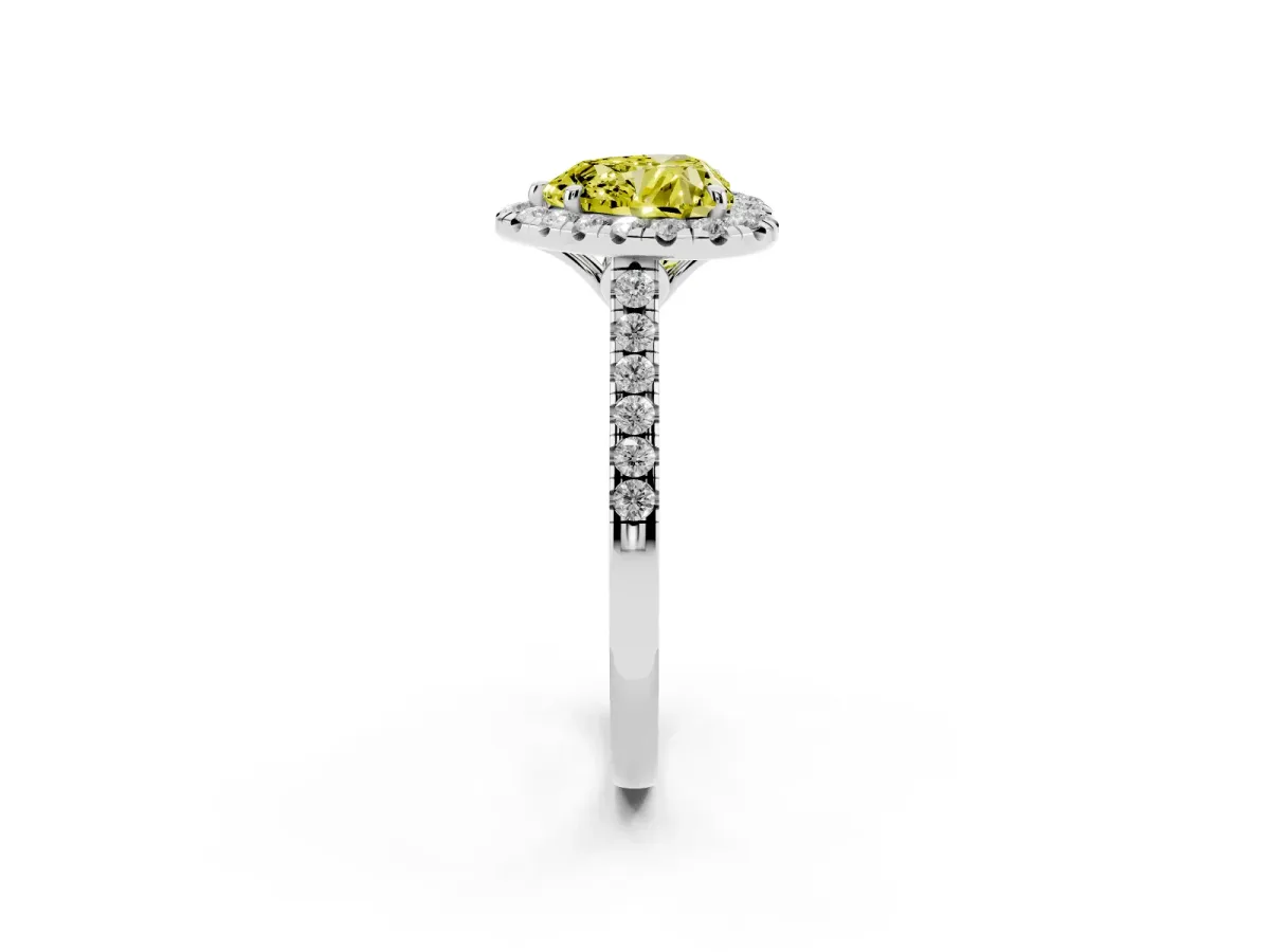 Fancy Yellow Heart Cut Halo Pavé Diamond Engagement Ring with Four-Prong Setting White gold
