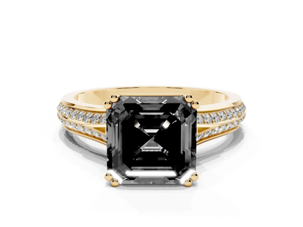 Fancy Black Asscher Cut Diamond Split Shank Engagement Ring with Pavé Band Yellow gold