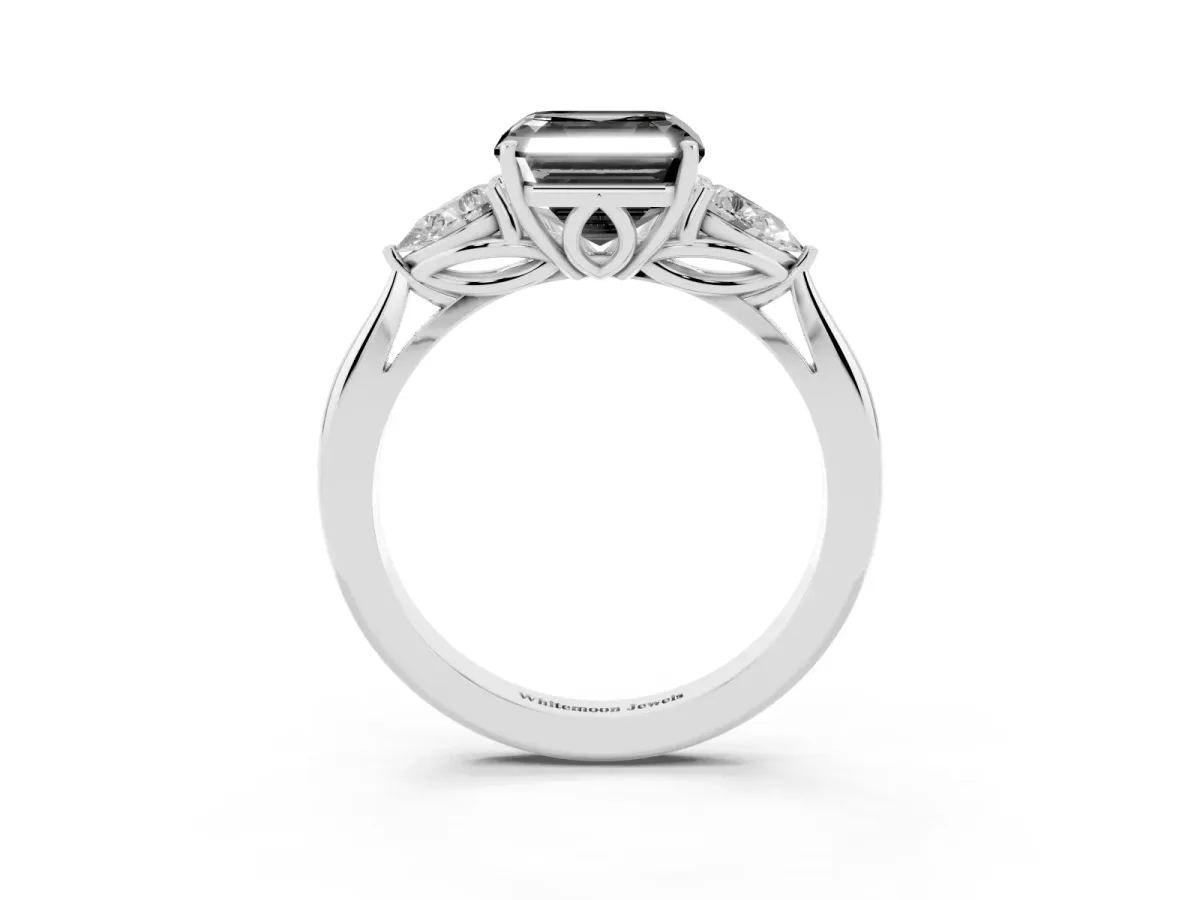 Fancy Black Asscher Cut Diamond Three-Stone Ring with Pear Side Stones and Prong Setting Silver