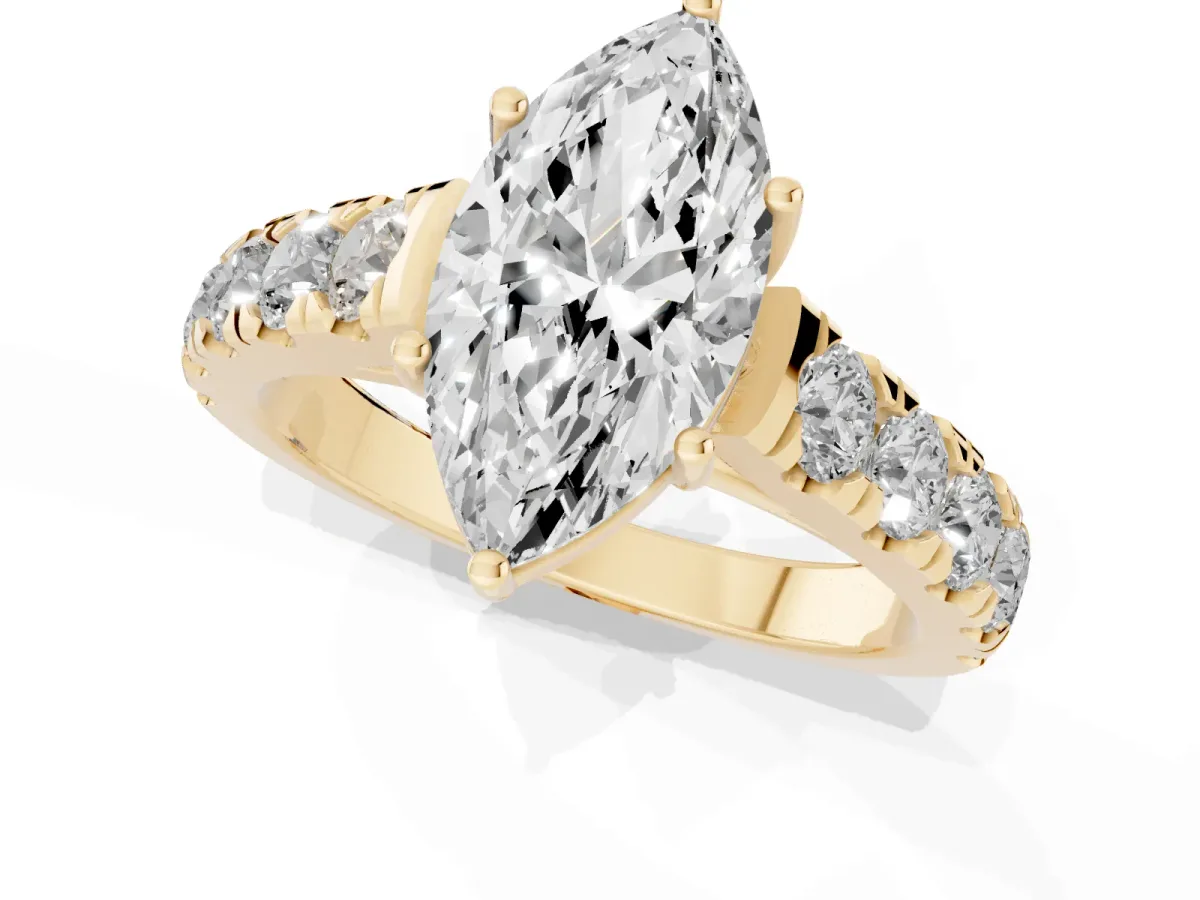Marquise Cut Cut Diamond Solitaire Ring with Micro Pave Band and Prong Setting Yellow gold