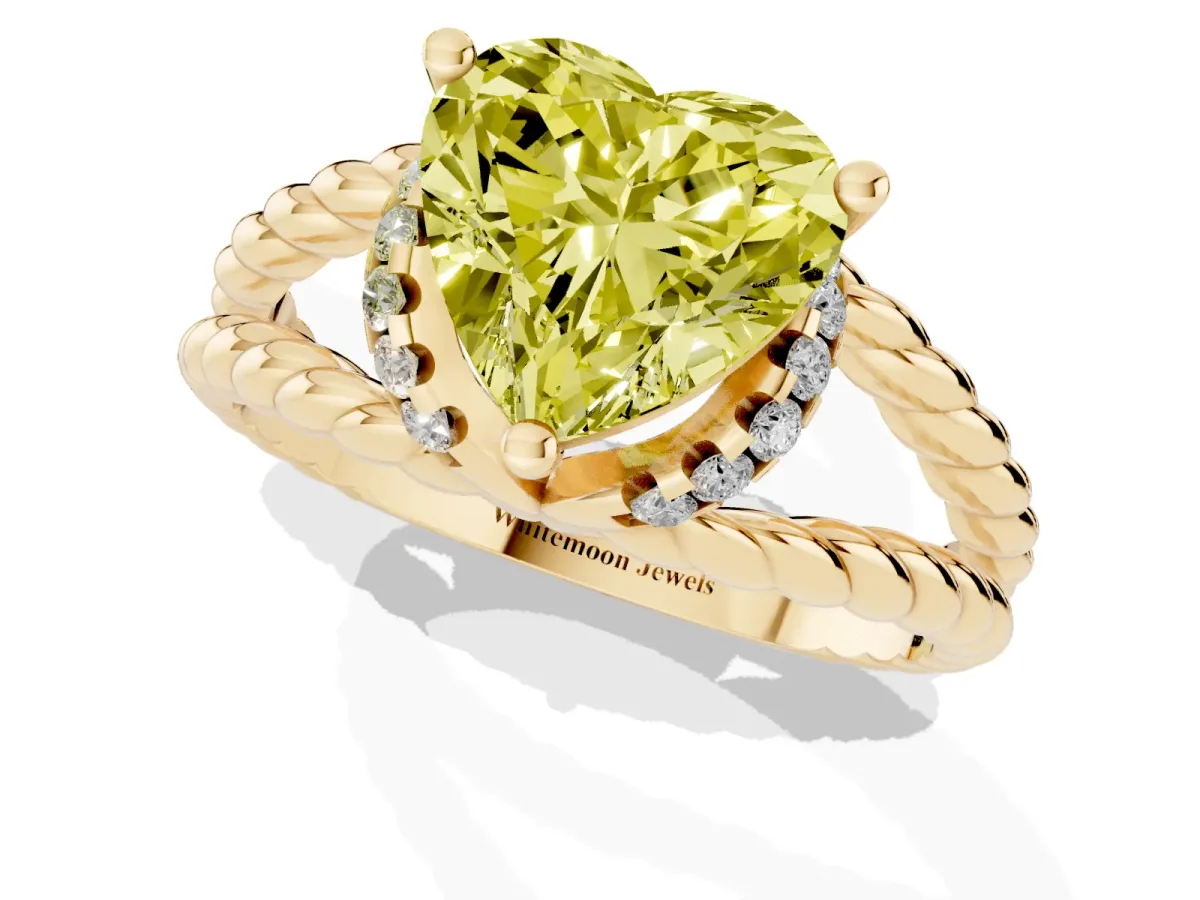 Fancy Yellow Heart Cut Halo Twisted Band Four-Prong Ring Yellow gold