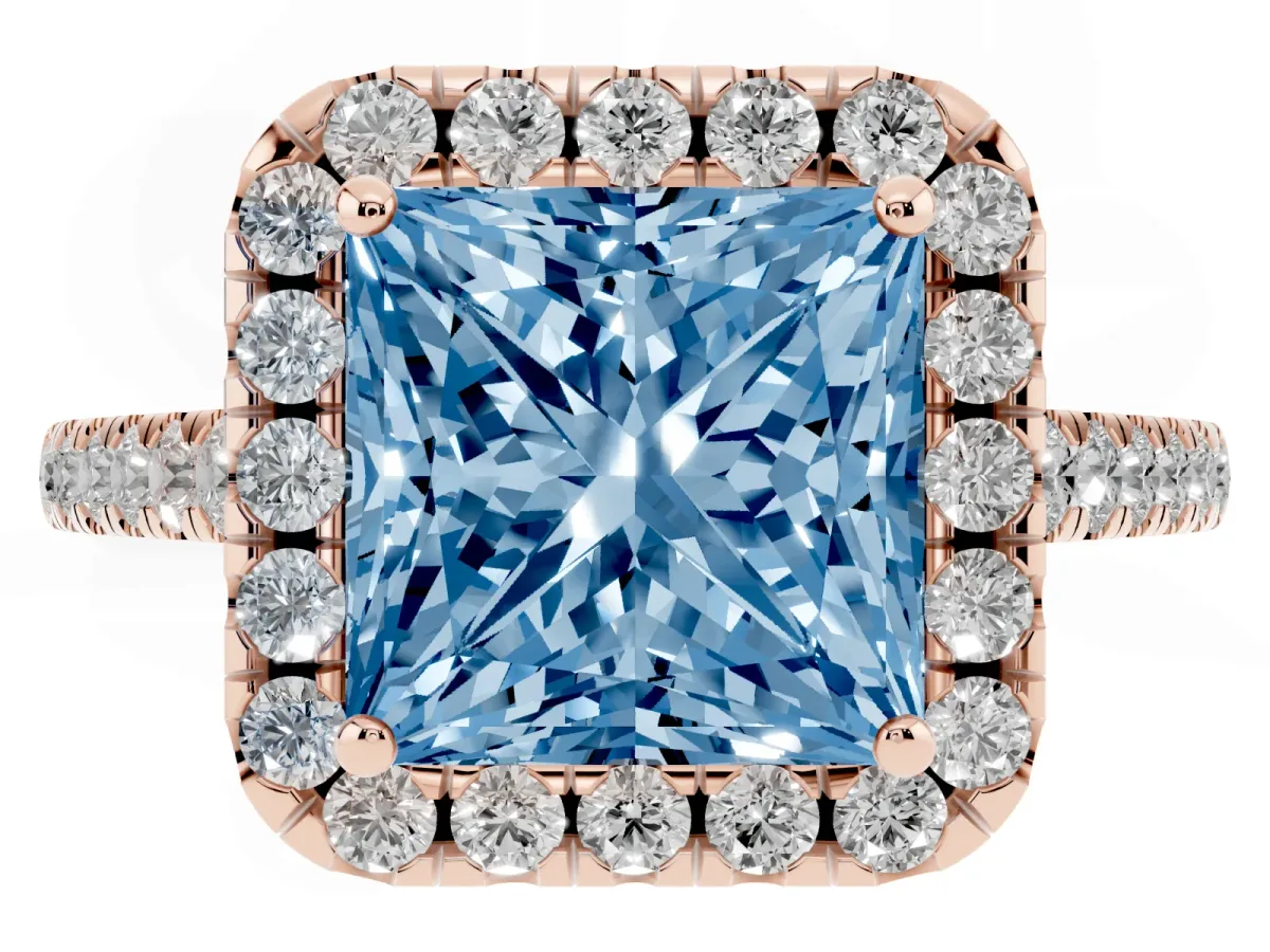 Fancy Blue Princess Cut Halo Pave Diamond Engagement Ring with Four-Prong Setting Rose gold