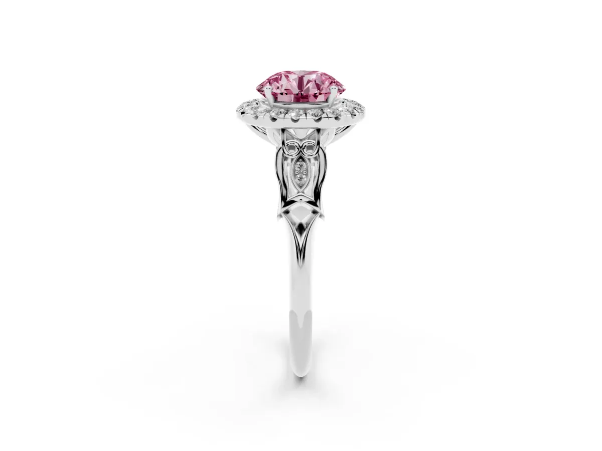 Fancy Pink Round Cut Halo Diamond Engagement Ring with Filigree Band and Four-Prong Setting Silver