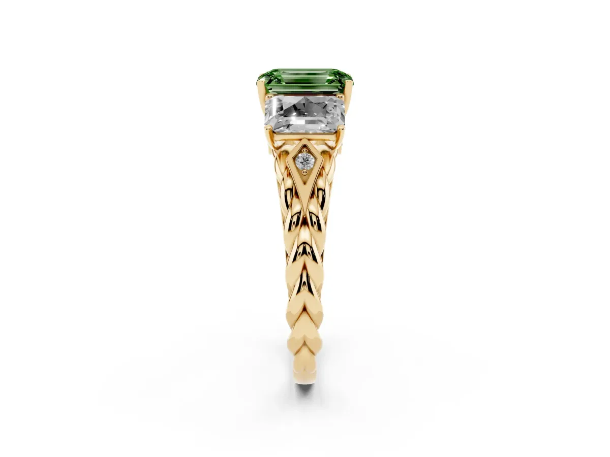 Fancy Green Three-Stone Radiant Cut Diamond Braided Band Ring with Four-Prong Setting Yellow gold